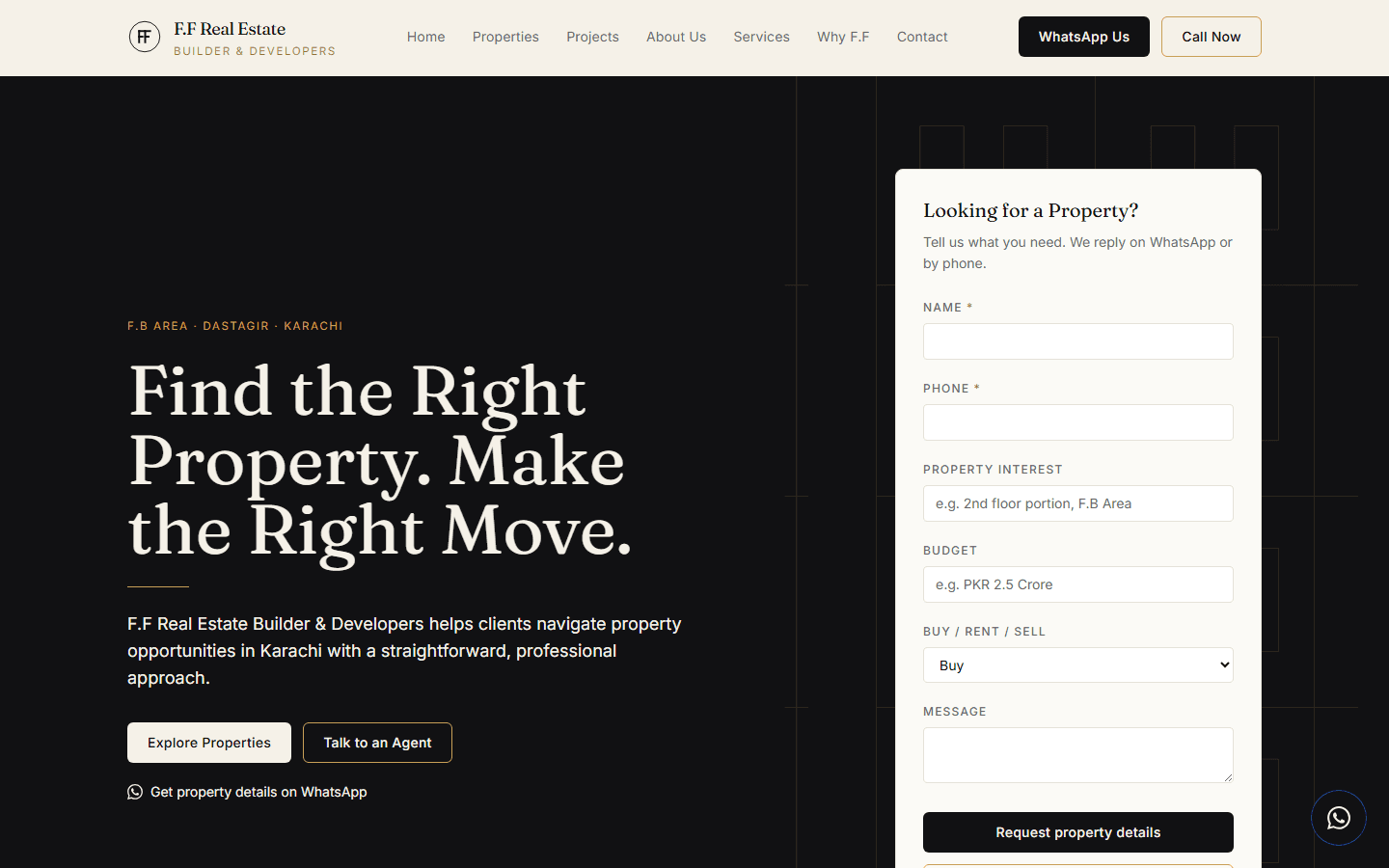 F.F Real Estate home page with property search