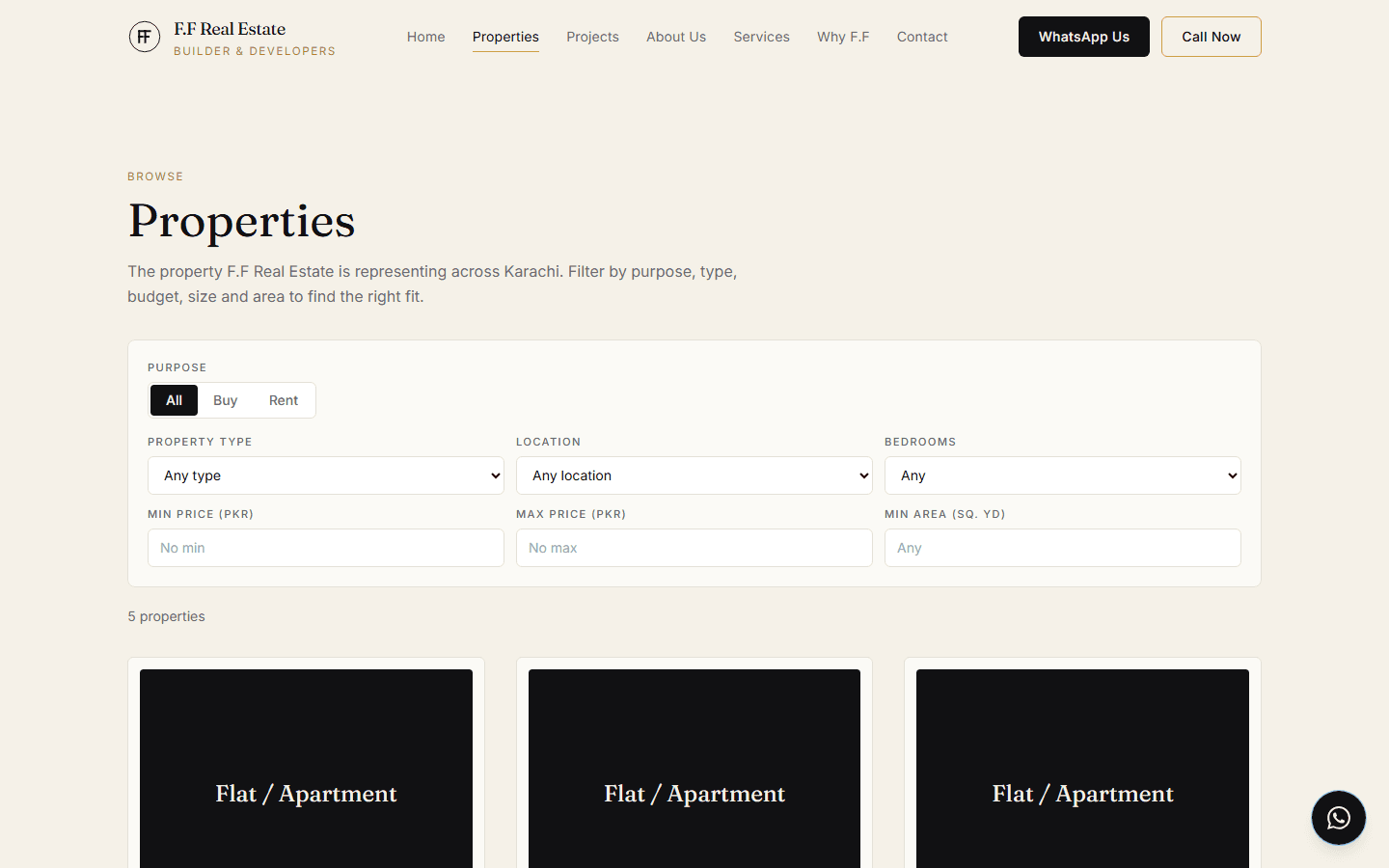 Filterable property listing page